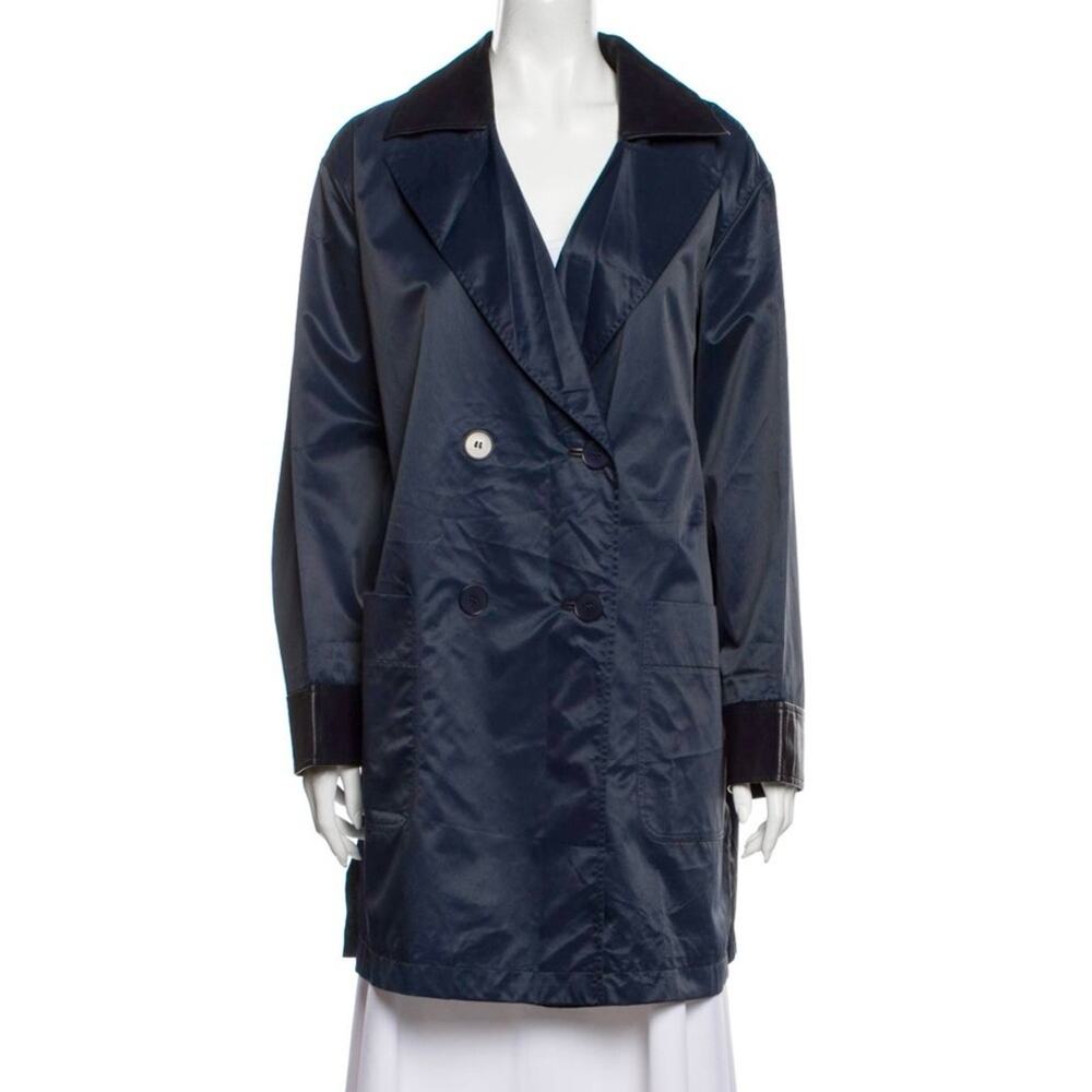 GIULIANA TESO Leather Trim Double Breasted Rain Overcoat Womens Size 46 US Large